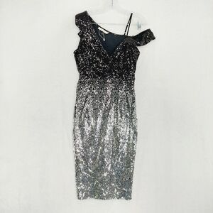 Allyson Black Silver Sequin One Shoulder Evening Cocktail Dress P6033